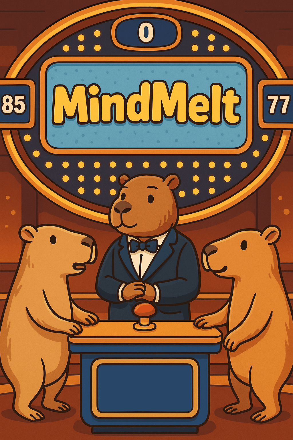 MindMelt Landing Page Hero Image - Capybaras playing Family Feud (Mobile)